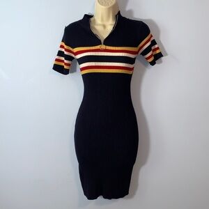 Ardene collared knit Sweater dress fitted bodycon- Navy, Red, Yellow Stripe  XS